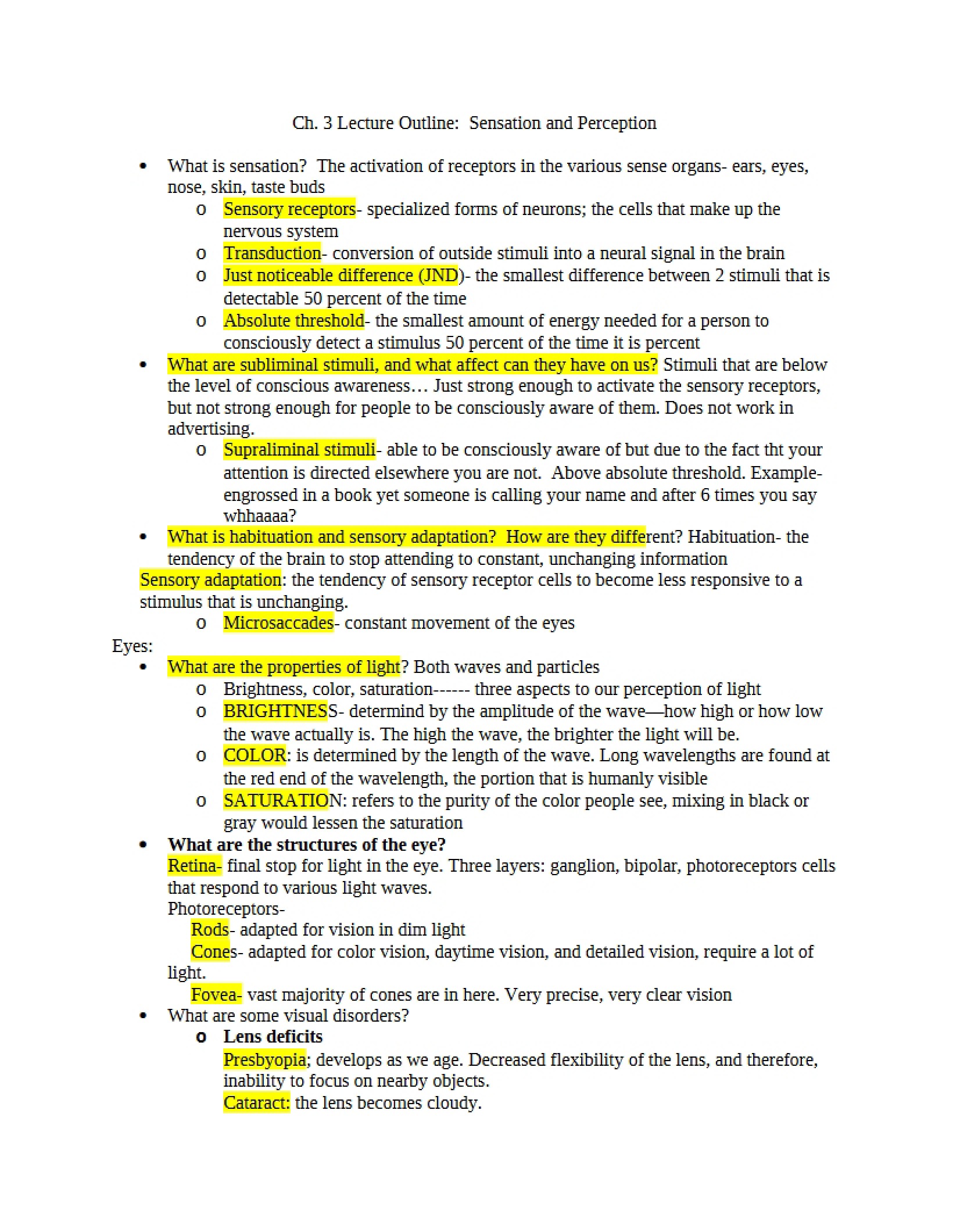 Perception and Sensation Lecture Outline (Ch. 3)