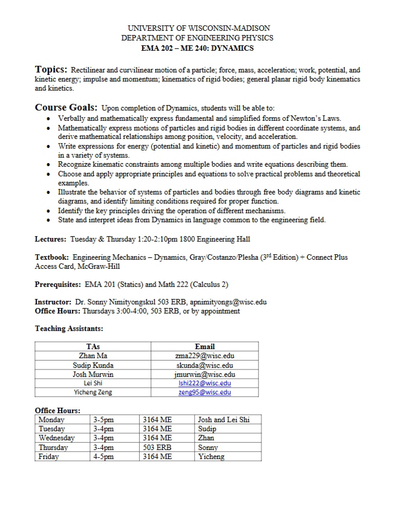 Course Outline for Dynamics
