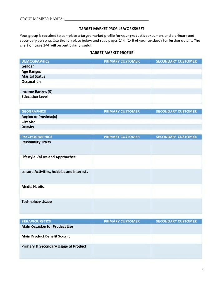 Worksheet for Target Market Profile and Personas