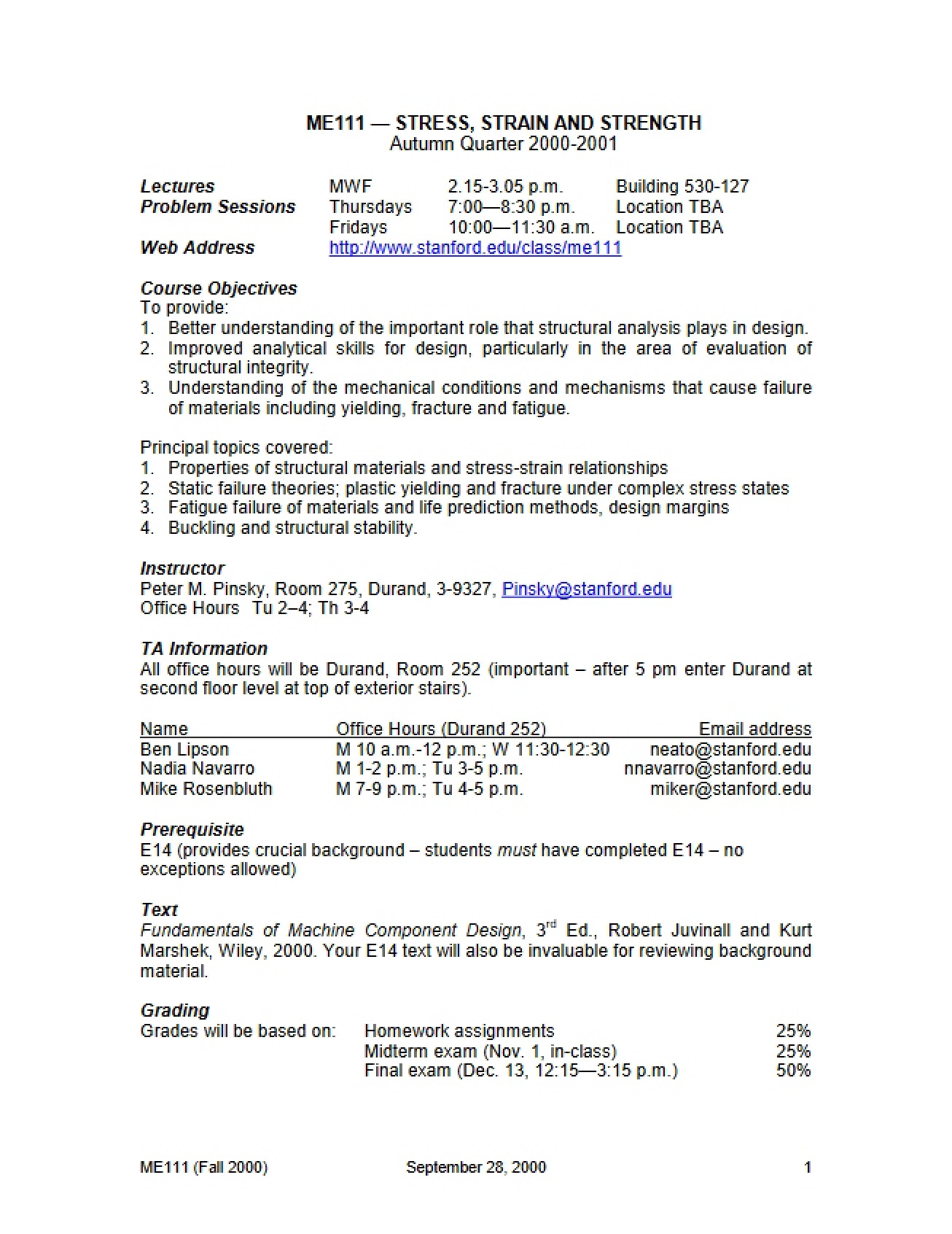 Syllabus for Stress, Strain, and Strength - ME 111
