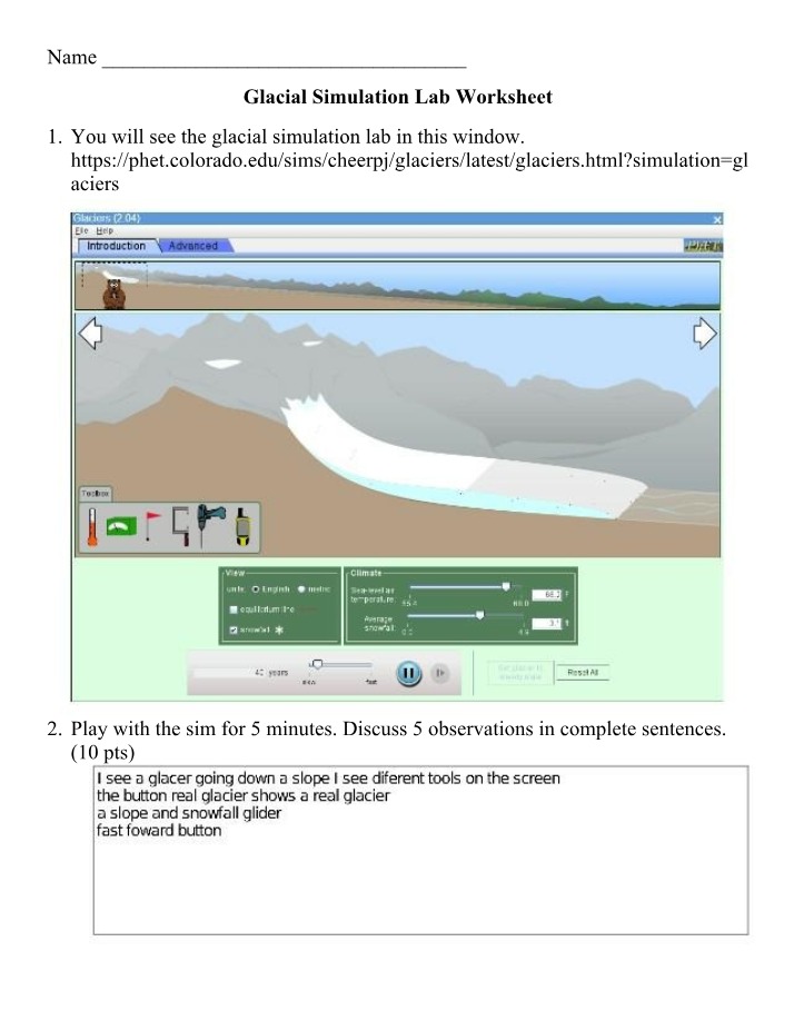 Worksheet for Glacial Simulation Lab