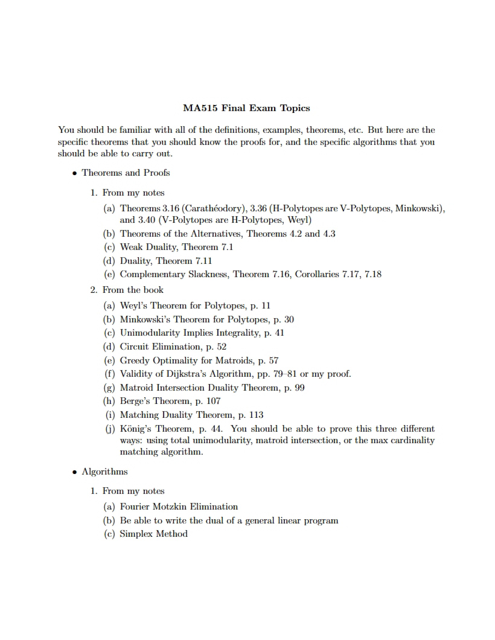 Topics for MA515 Final