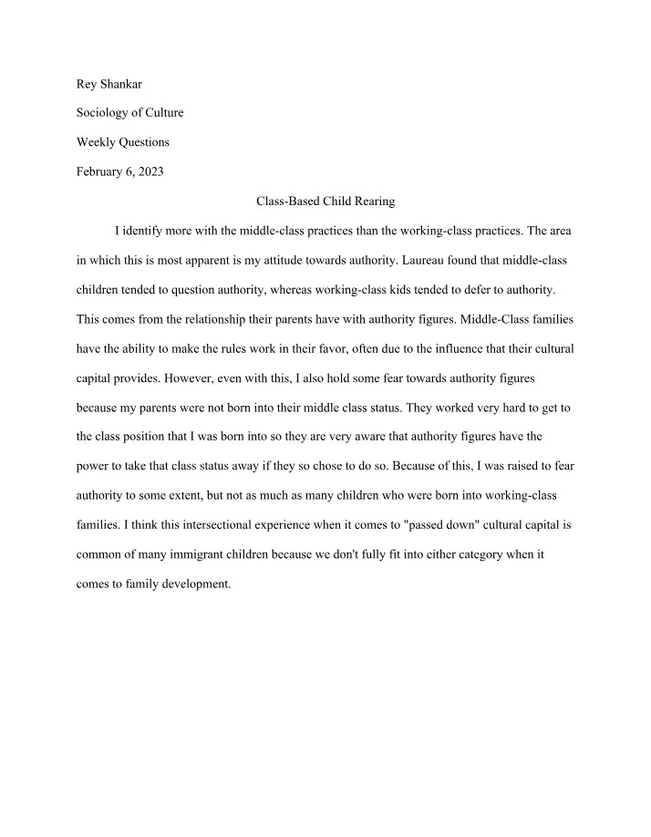 Weekly Questions on Class-Based Child Rearing