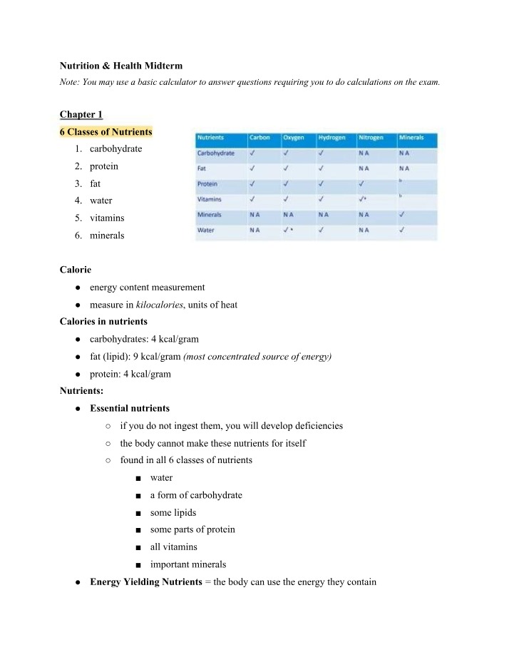 Study Guide for Nutrition Midterm