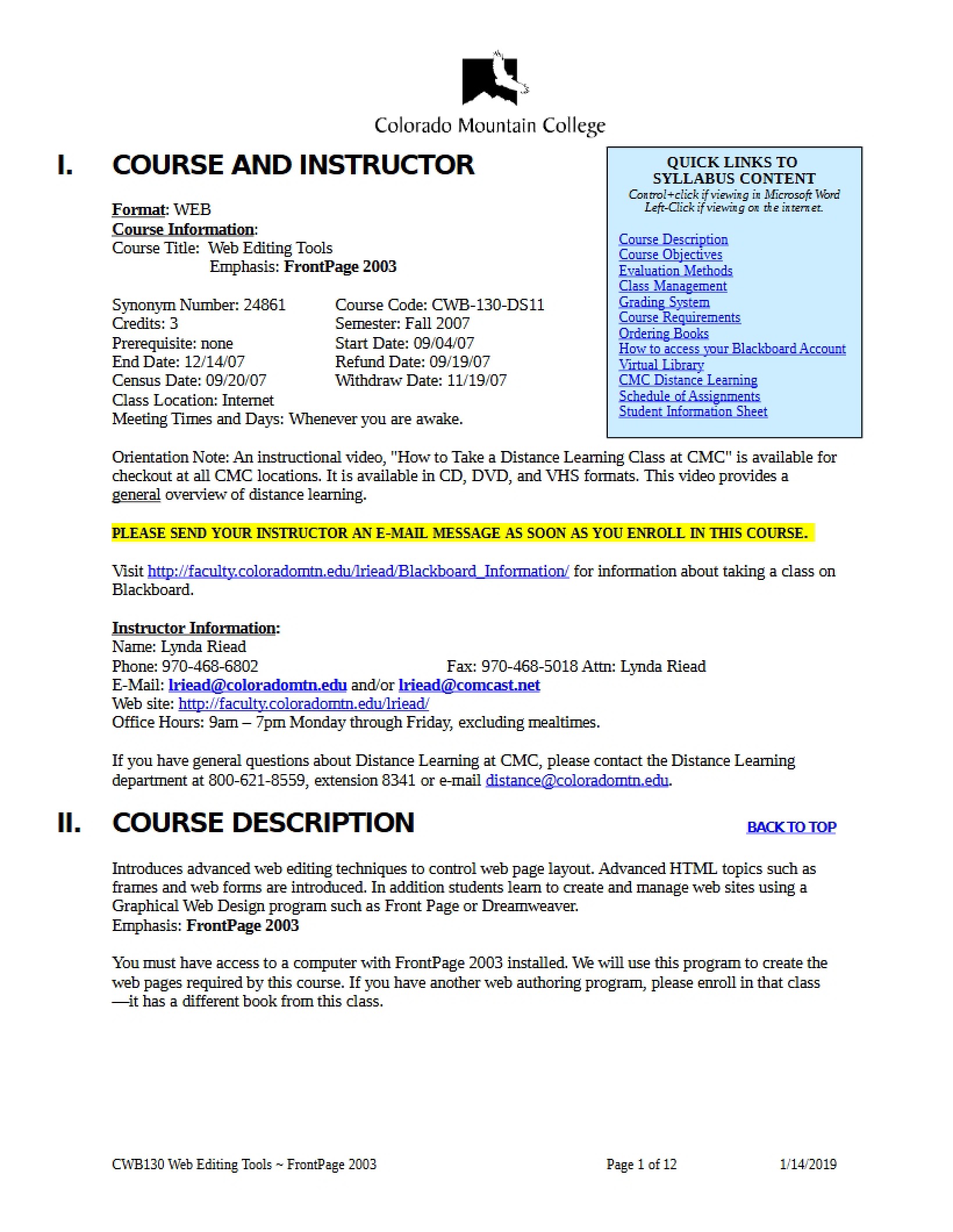 Syllabus Web Editing Tools - 12 Pages