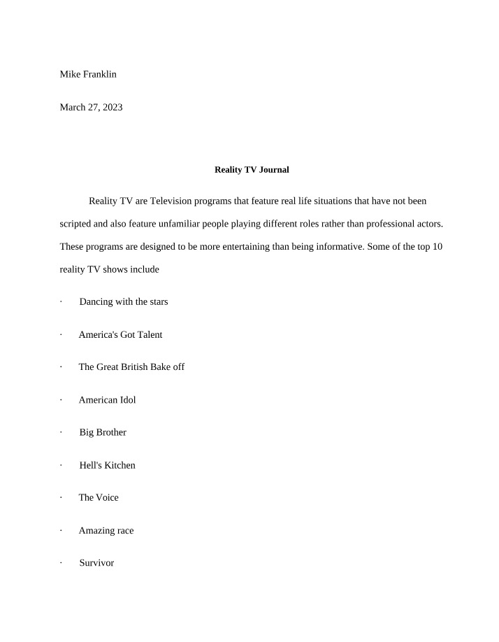 Journal on Reality TV