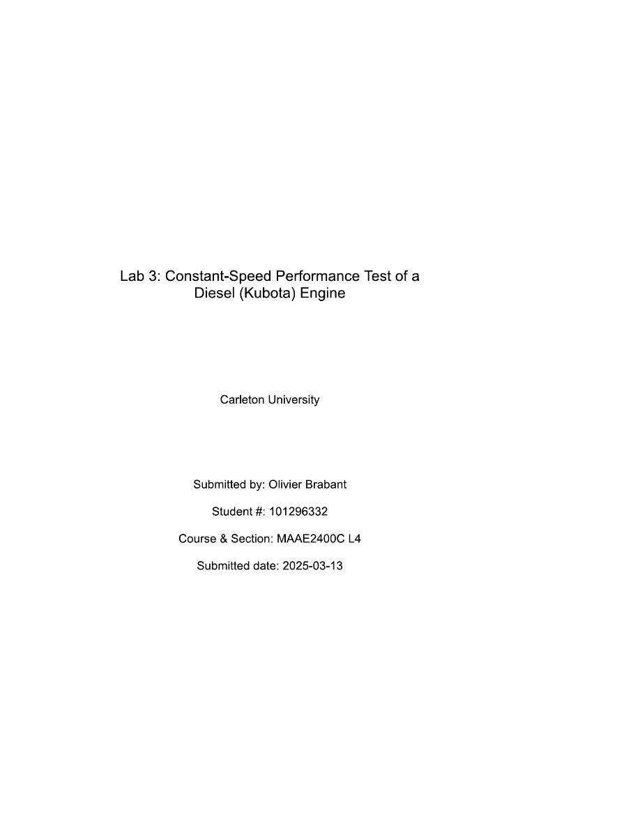 MAAE 2400C Lab 3 - Kubota Diesel Engine Performance