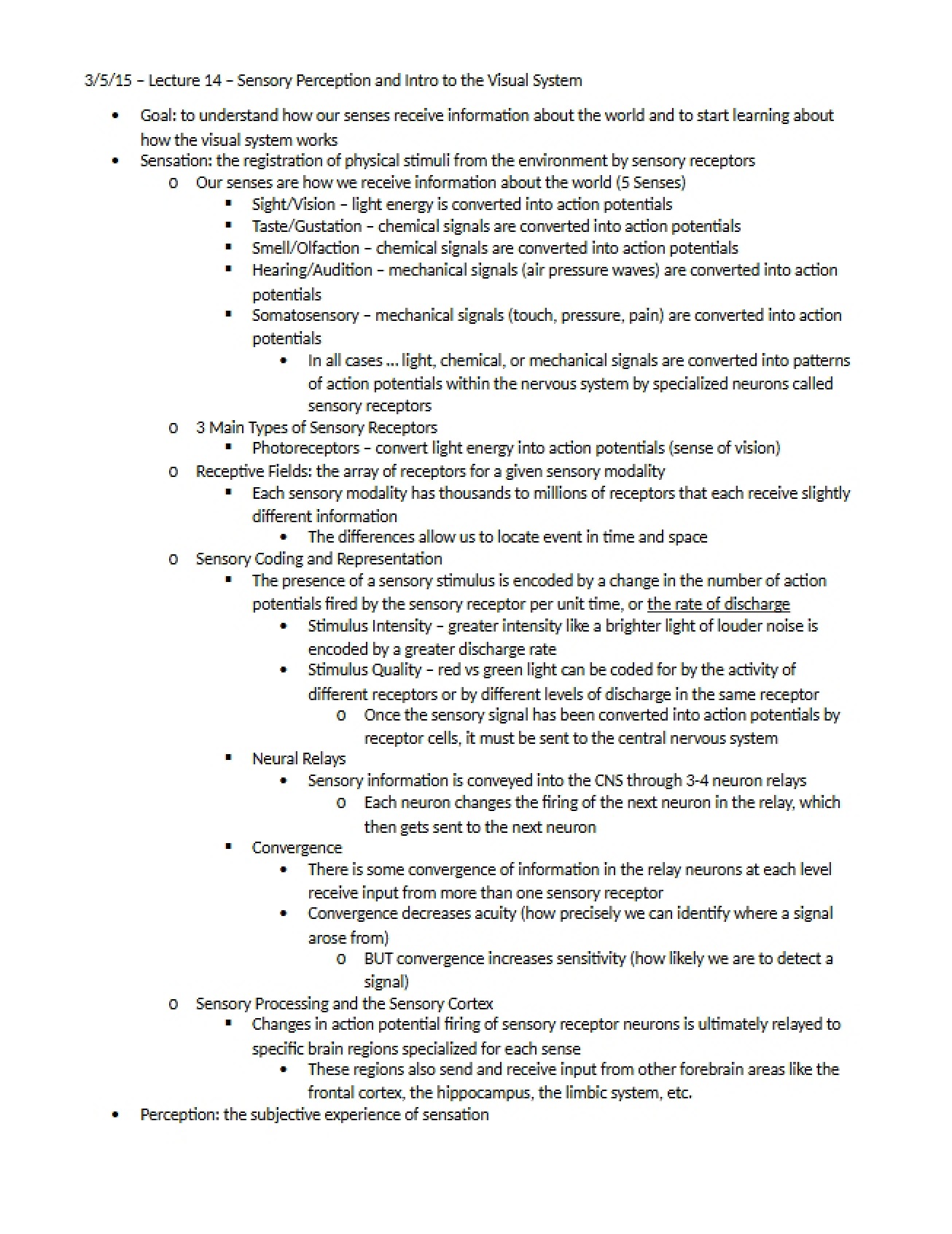 Fourteenth Lecture Notes for Biological Psychology