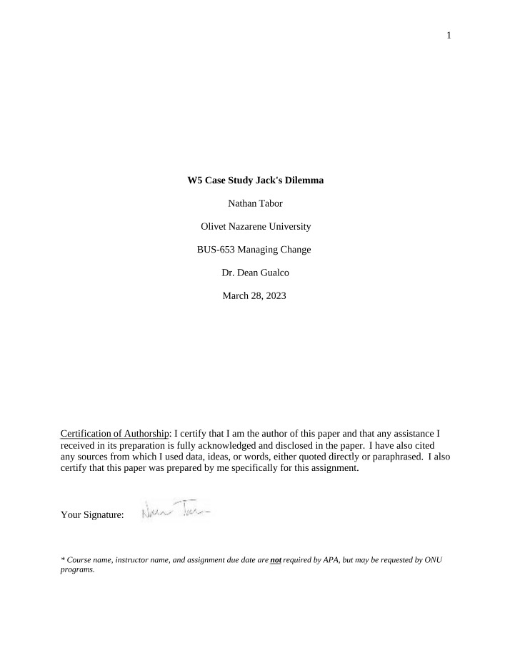 Jacks Dilemma W5 Case Study Summary