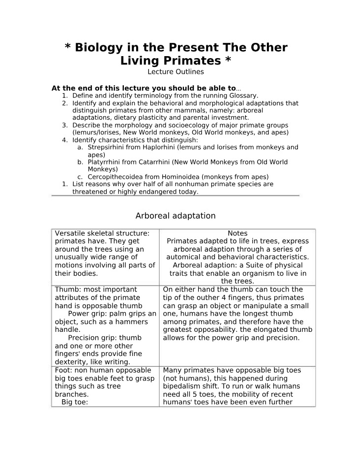 Primate Adaptations - Anatomy, Behavior, and Threats
