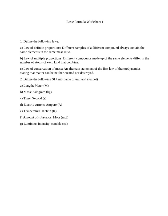 Worksheet 1 for Basic Formulas