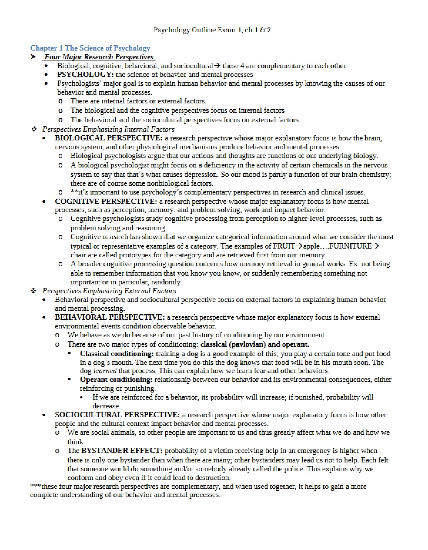 Exam One Outline for Psychology