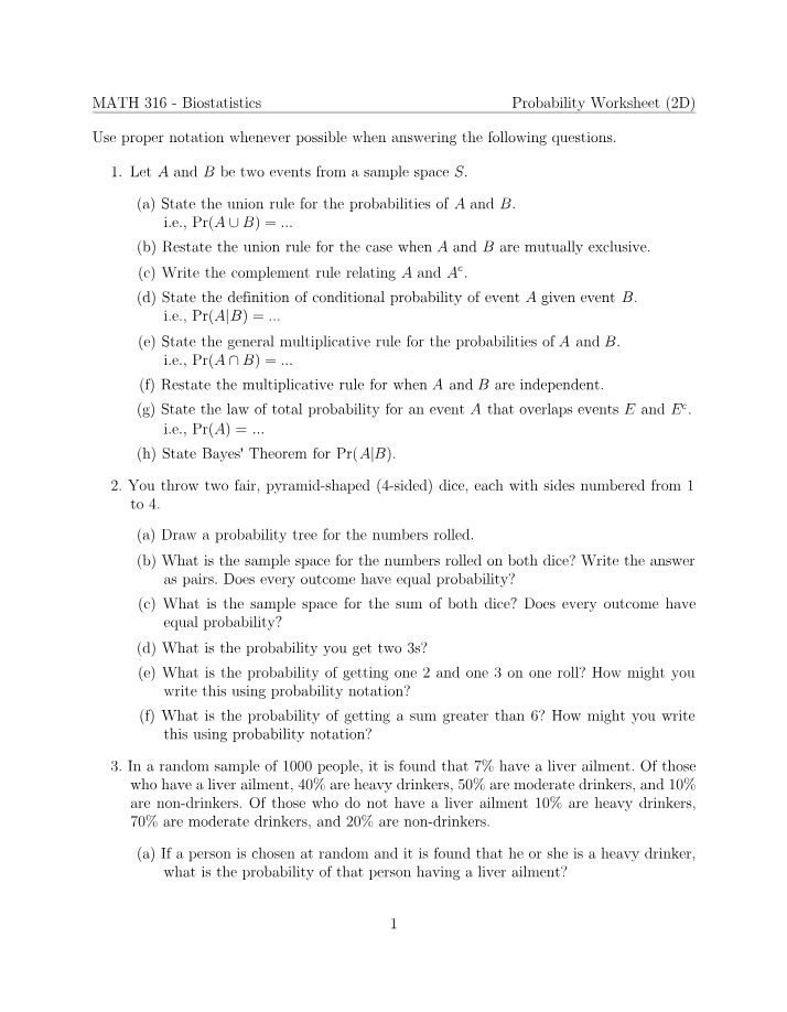 Worksheet on Probability