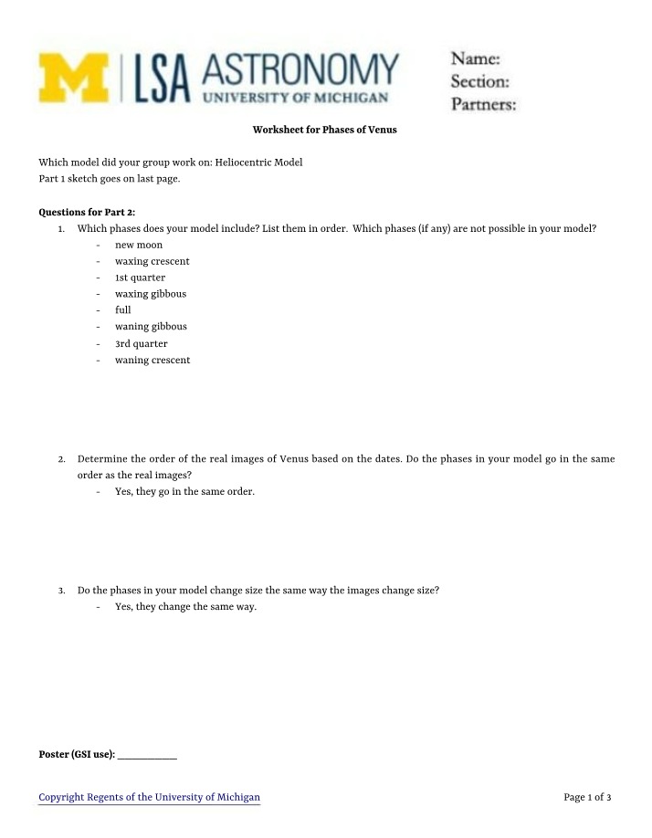 Worksheet on Phases of Venus