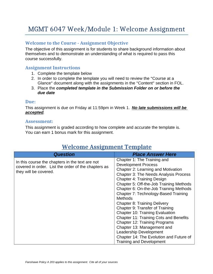 Welcome Assignment (MGMT6047)