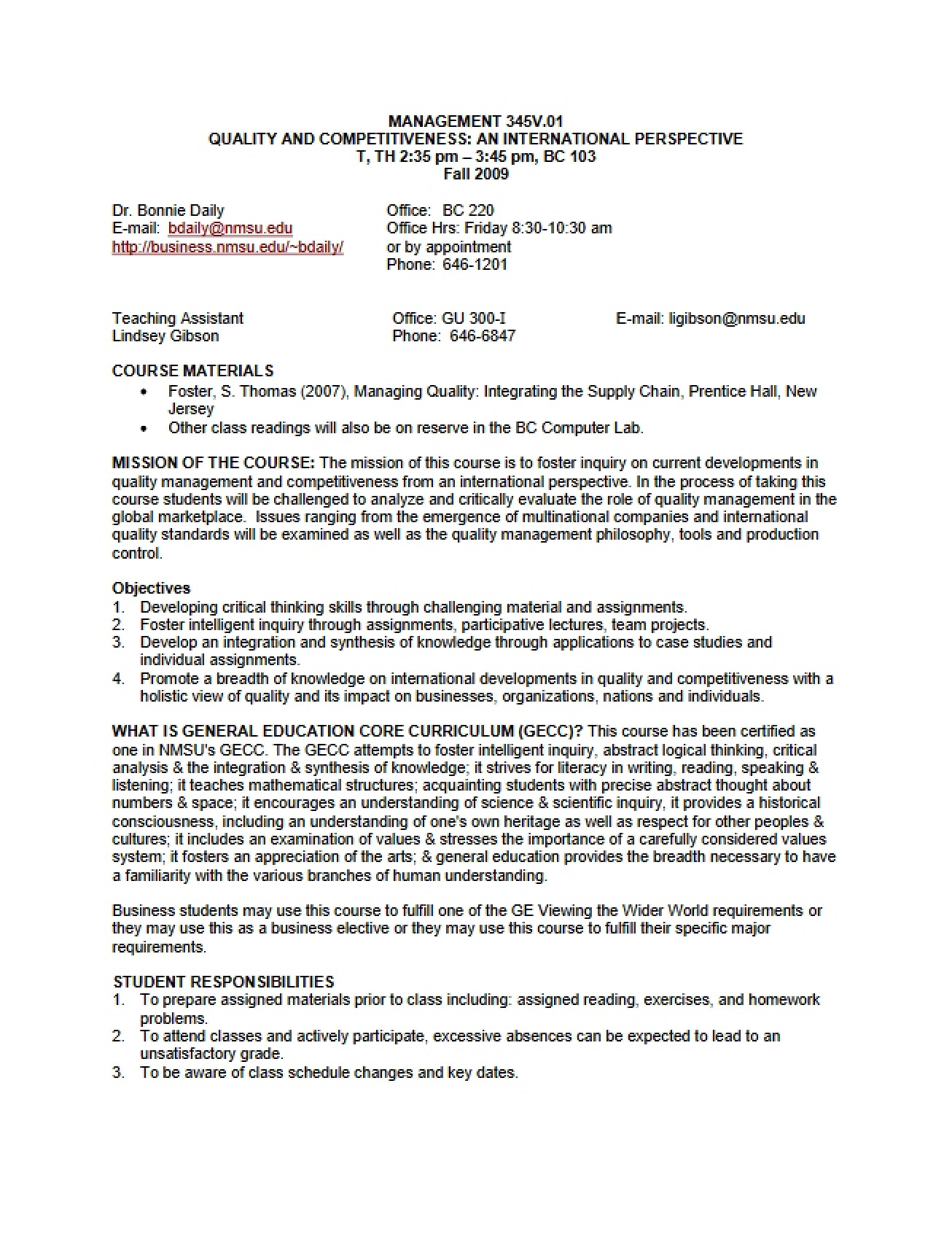 Syllabus for the Quality and Competitiveness Course