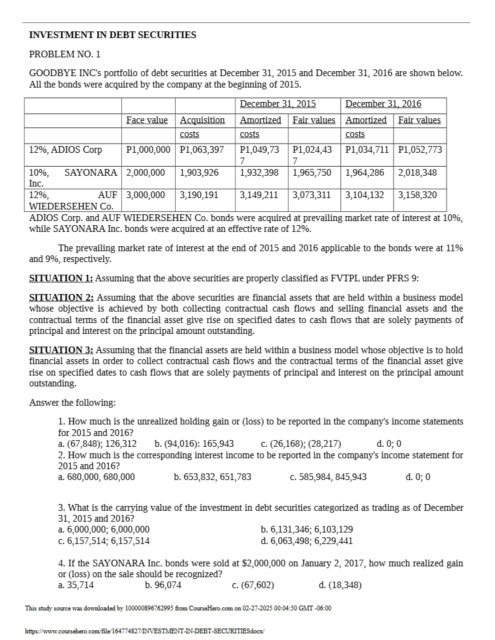 Debt Securities Investments