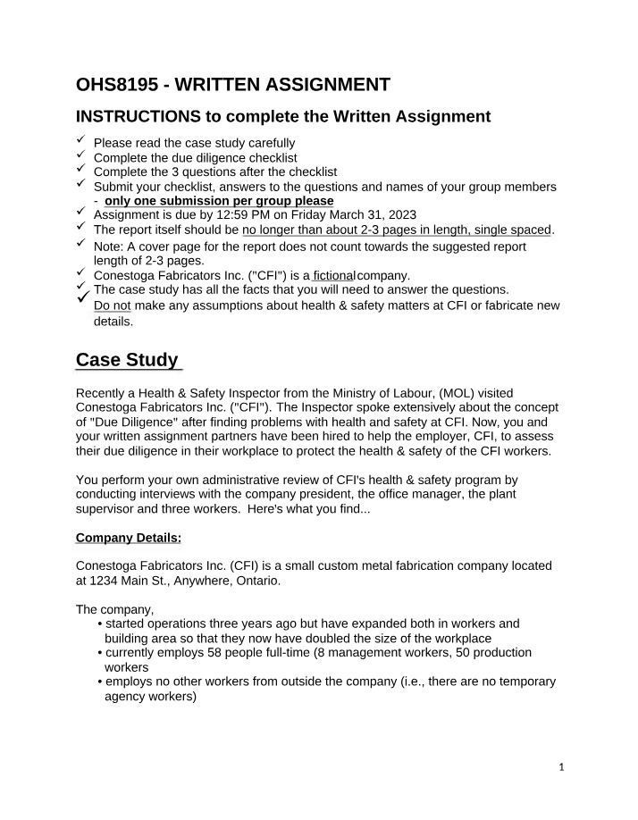 Conestoga College Health & Safety Due Diligence Assessment