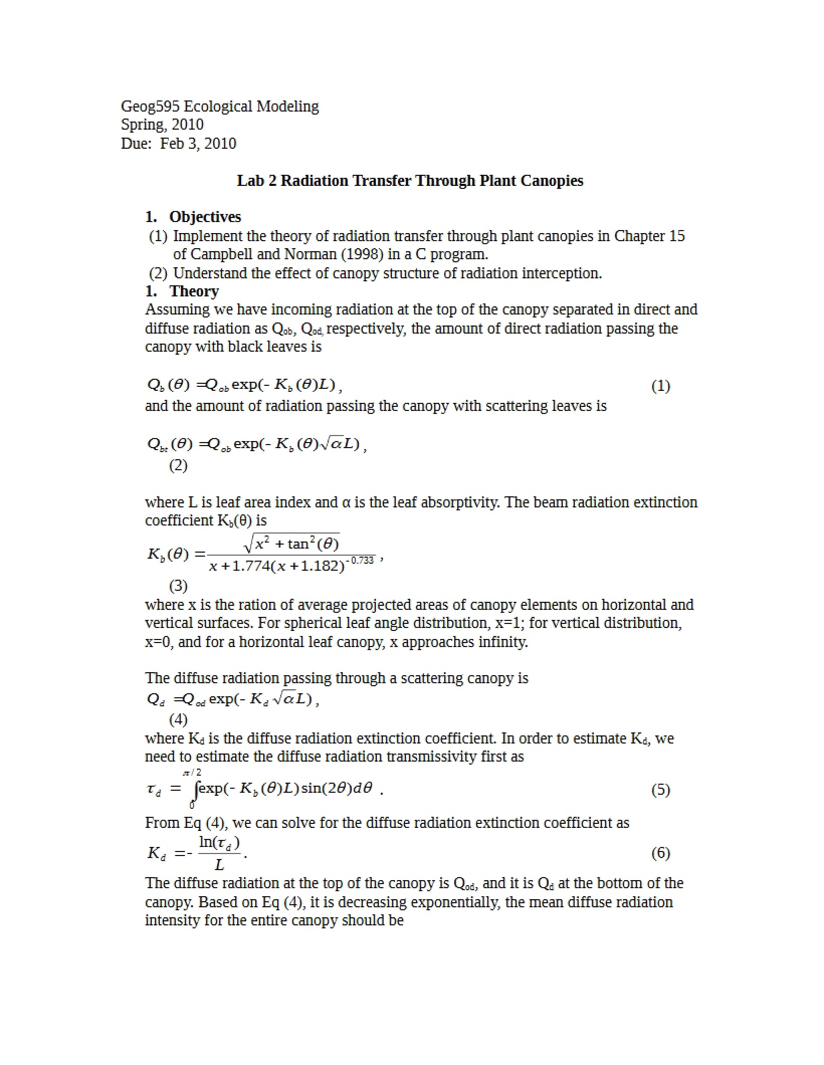 Radiation Transfer in Plant Canopies (Lab 2)