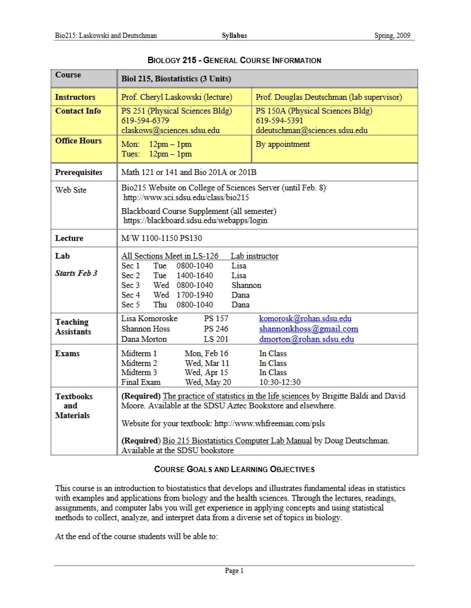 Course Syllabus for Biostatistics