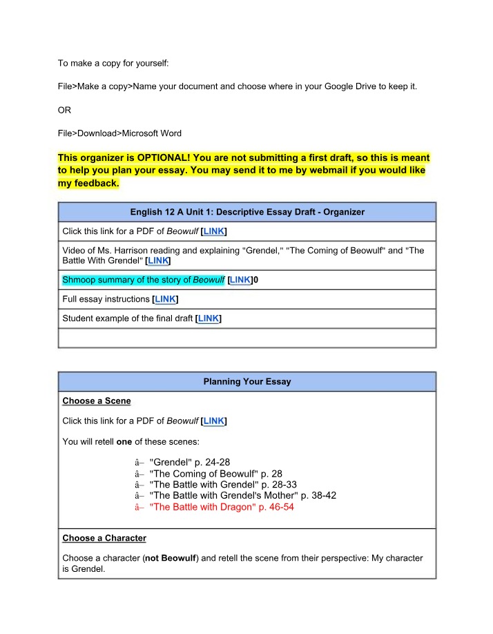 Draft Organizer for Descriptive Essay