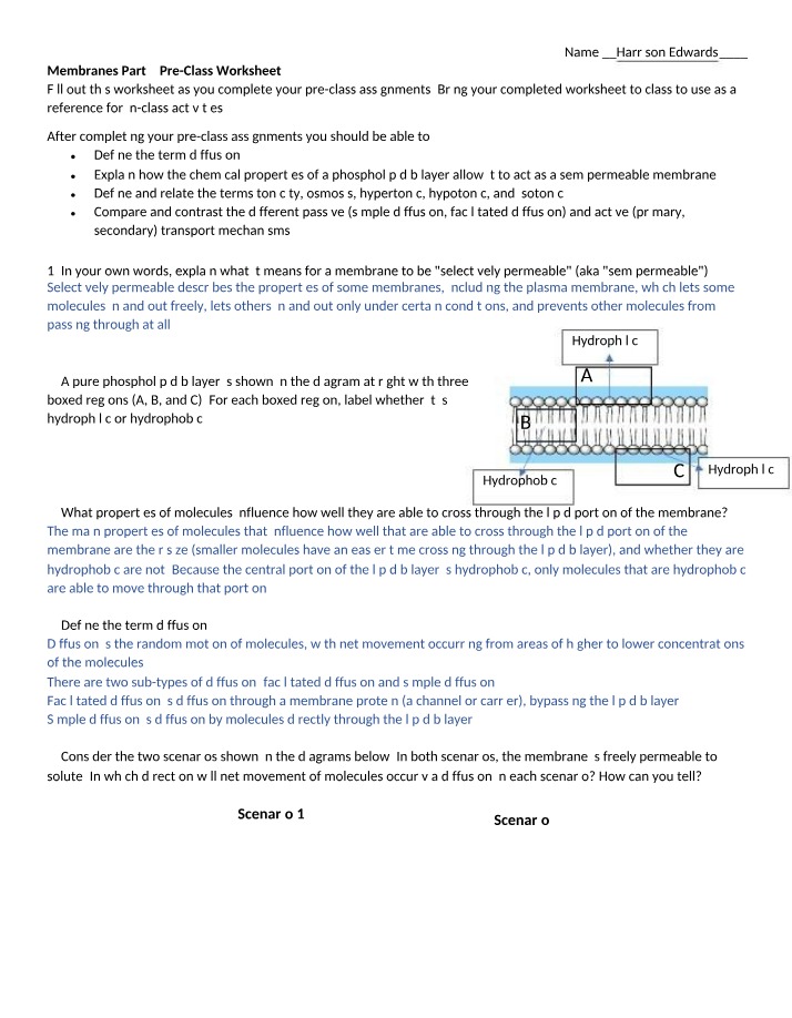 Membranes Part 2 Pre-Class Worksheet Version B