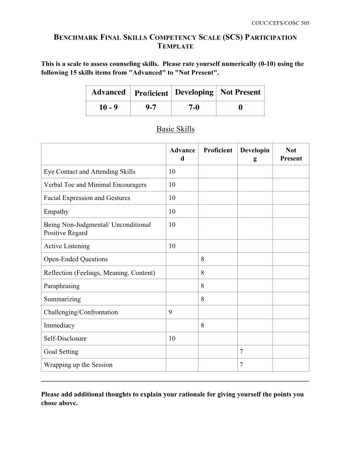 Benchmark Final Skills Competency Scale (SCS) Template