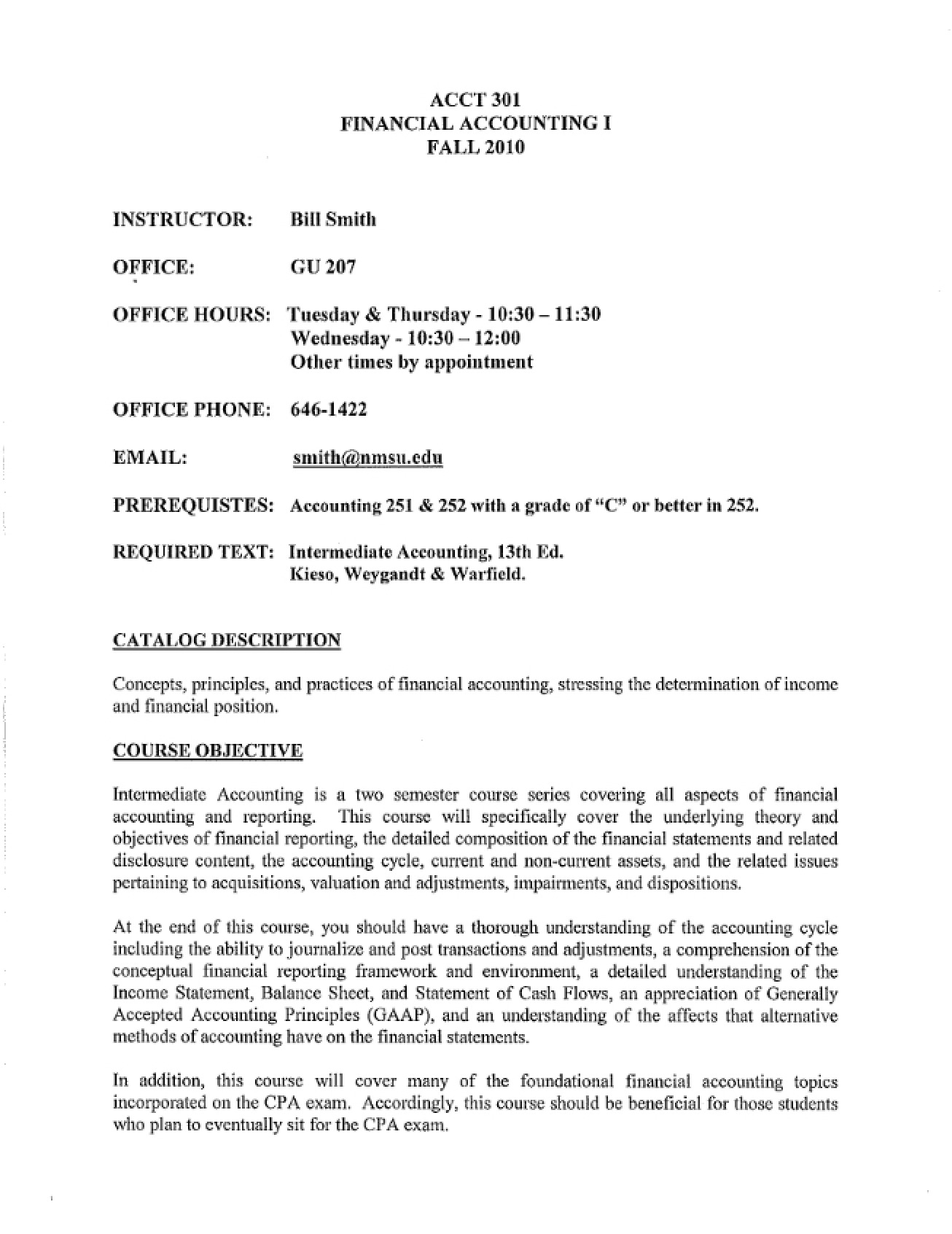 Financial Accounting I Syllabus from Fall 2010 by Dr. Bill Smith