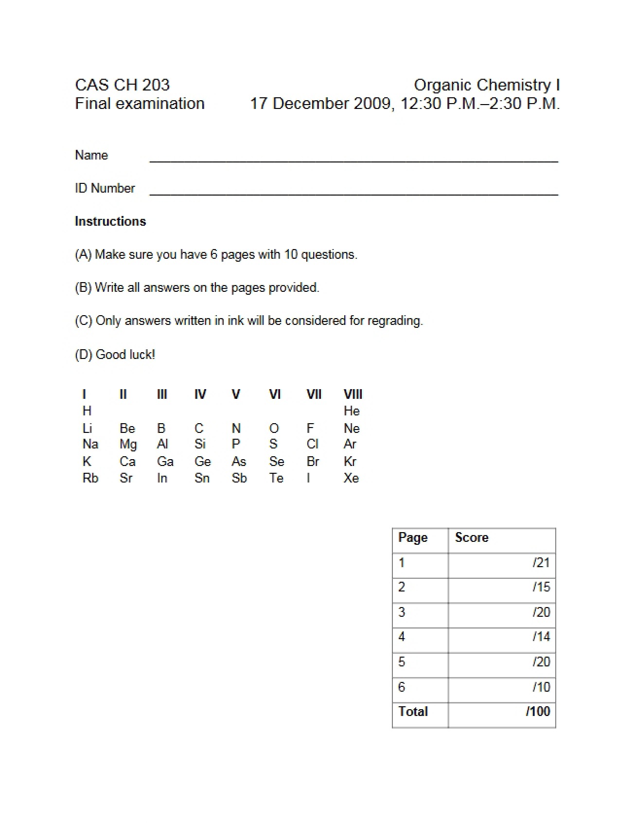 Final Examination for Organic Chemistry 1