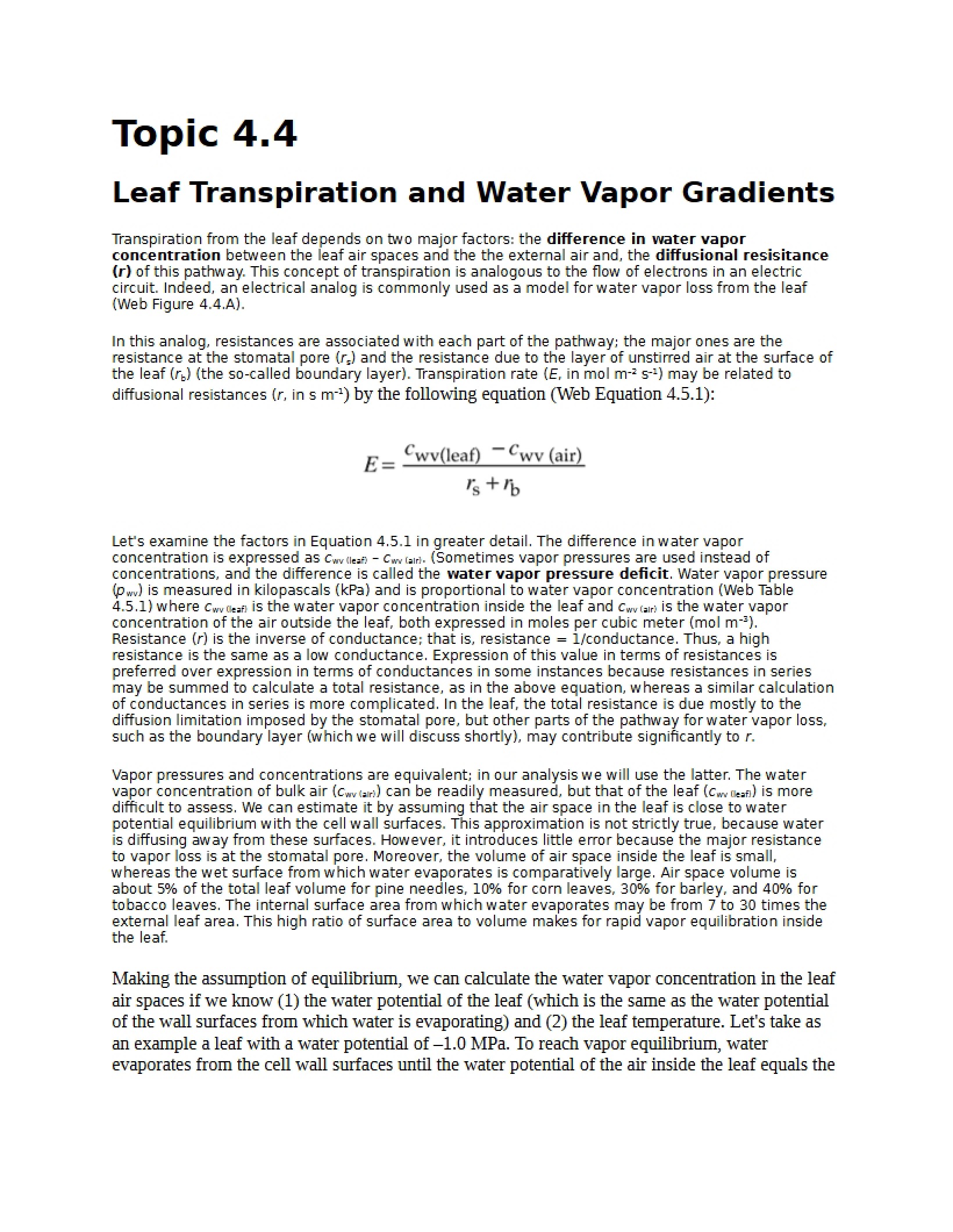 Water Vapor Gradients and Leaf Transpiration
