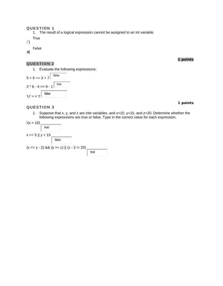 Quiz on Logical Expressions and Evaluations