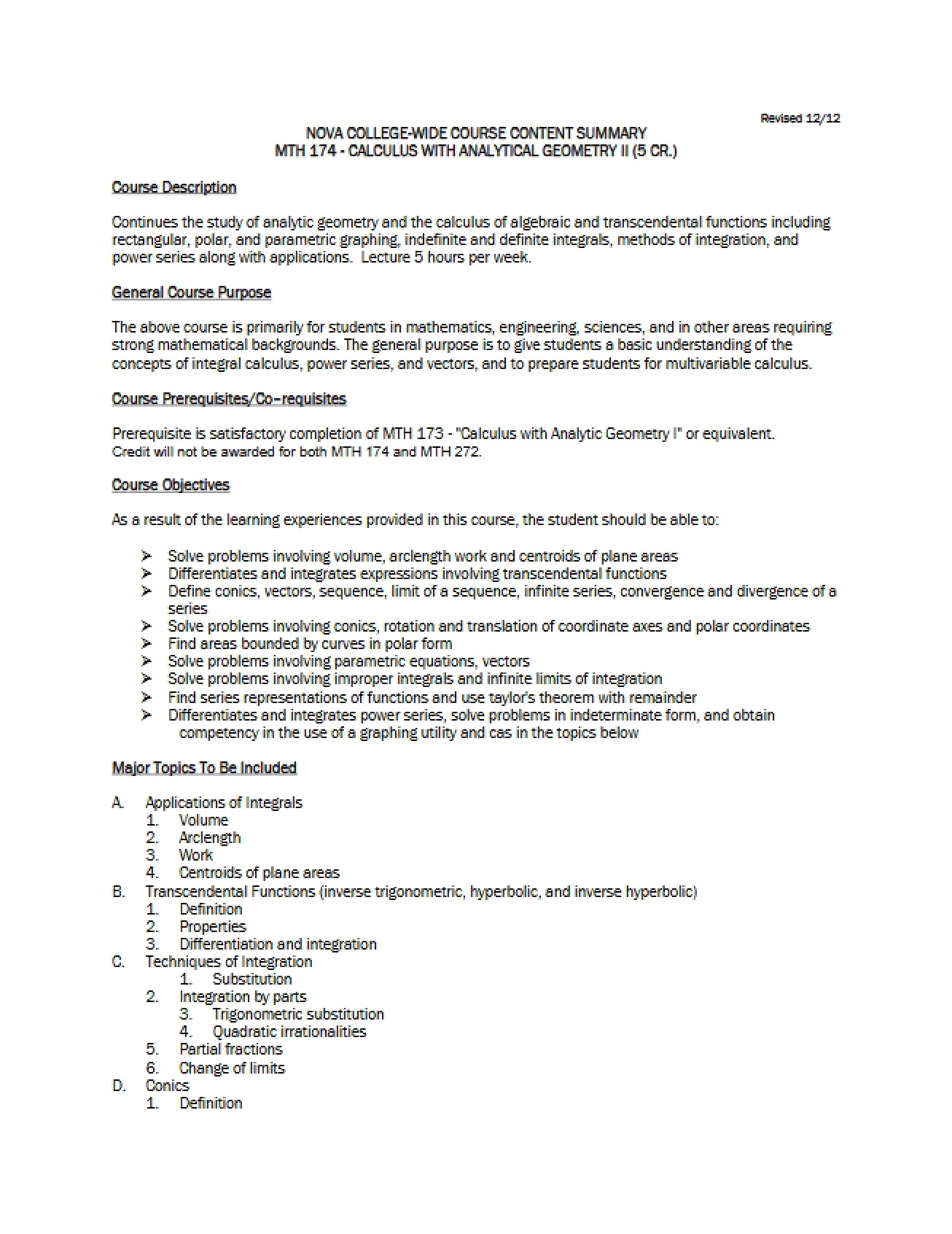 Calc II Course Outline