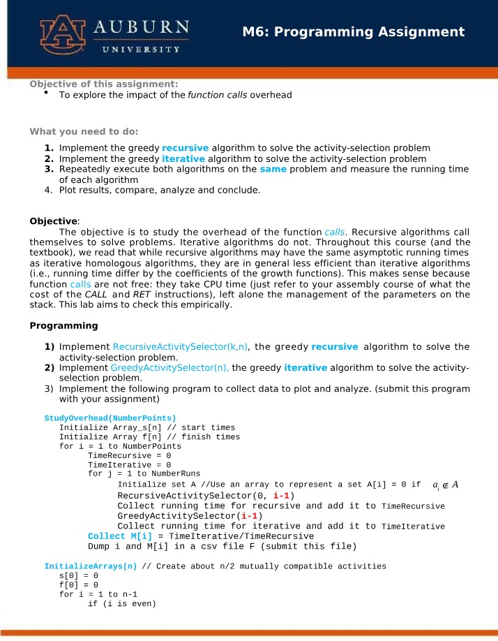 Programming Assignment M6 - Function Calls Overhead