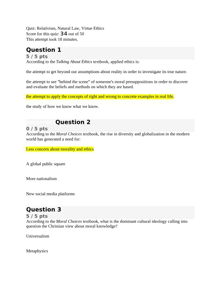 Quiz - Relativism, Natural Law, and Virtue Ethics
