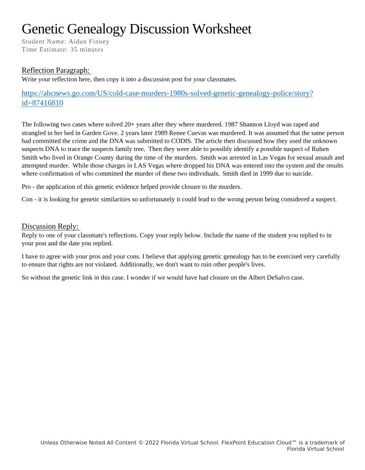Discussion Worksheet for Genetic Genealogy
