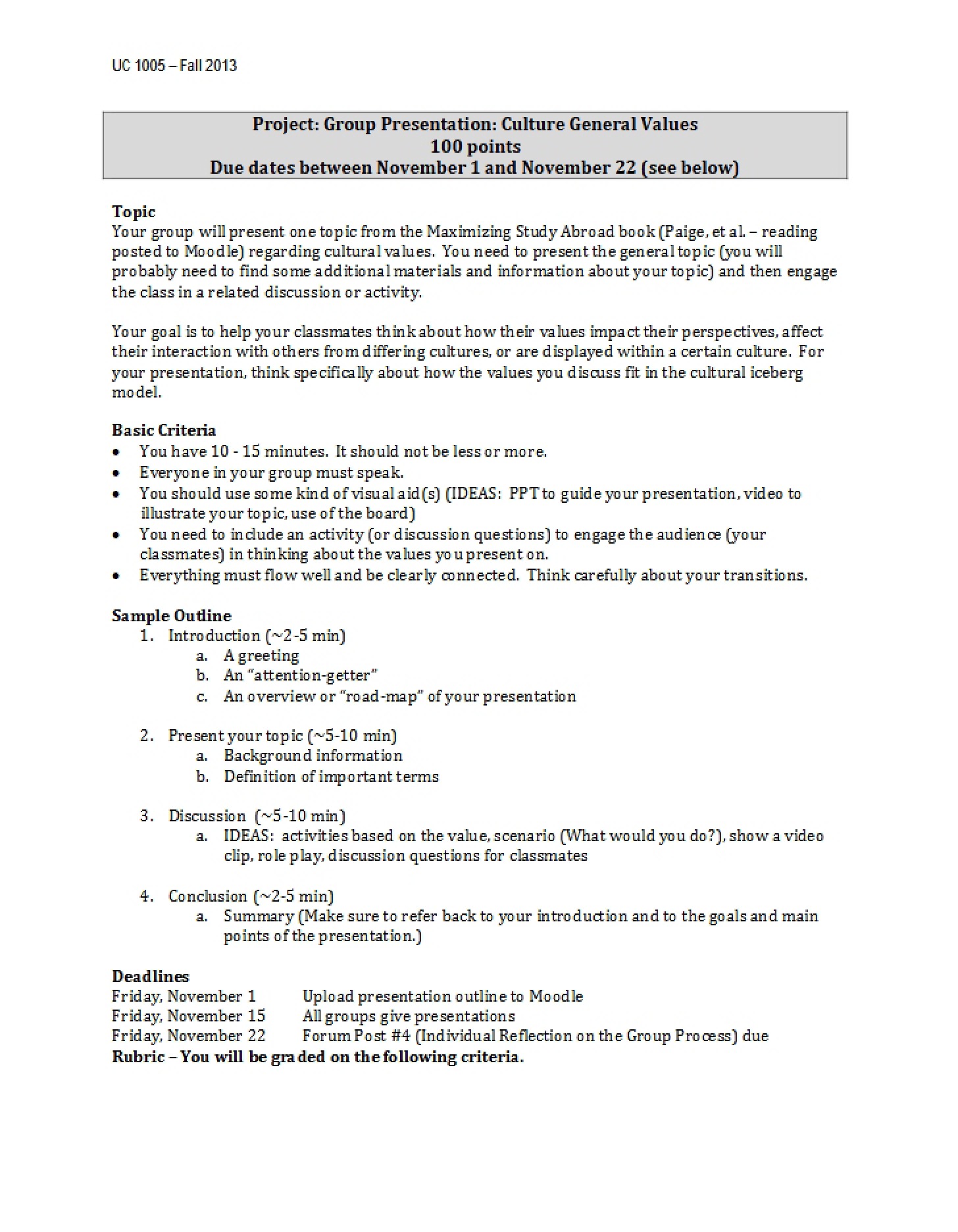 Assignment and Rubric for Group Presentation (Fall 2013)