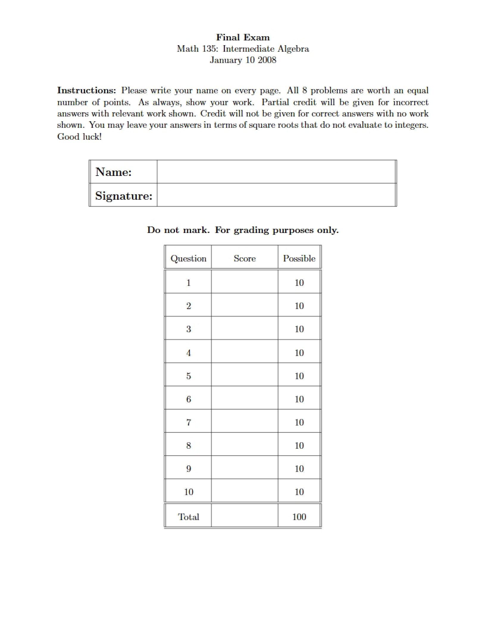 Algebra Final Exam