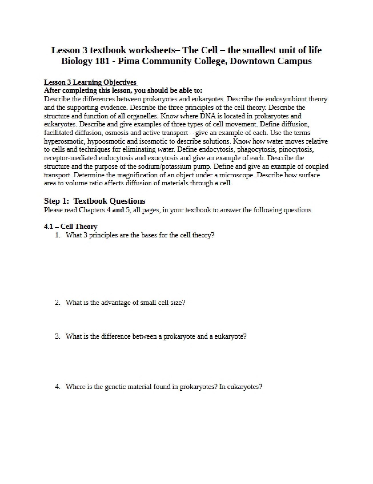 Textbook Worksheets for Lesson 3 on the Cell