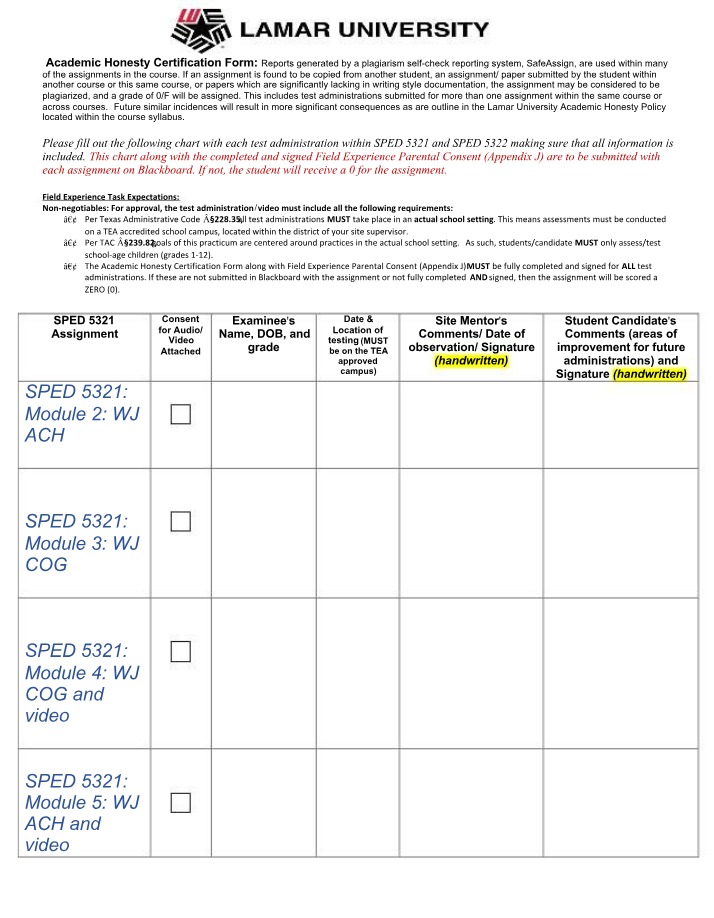 Certification Form for Academic Honesty