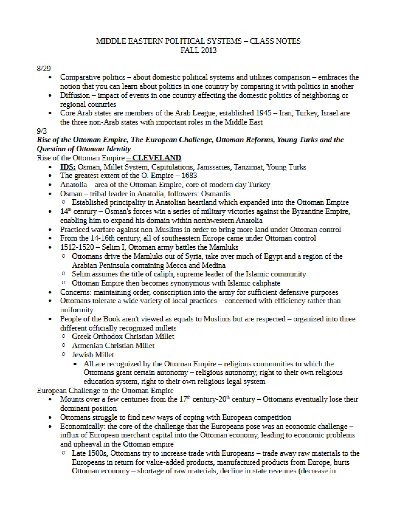 Middle East Political Systems Class Notes