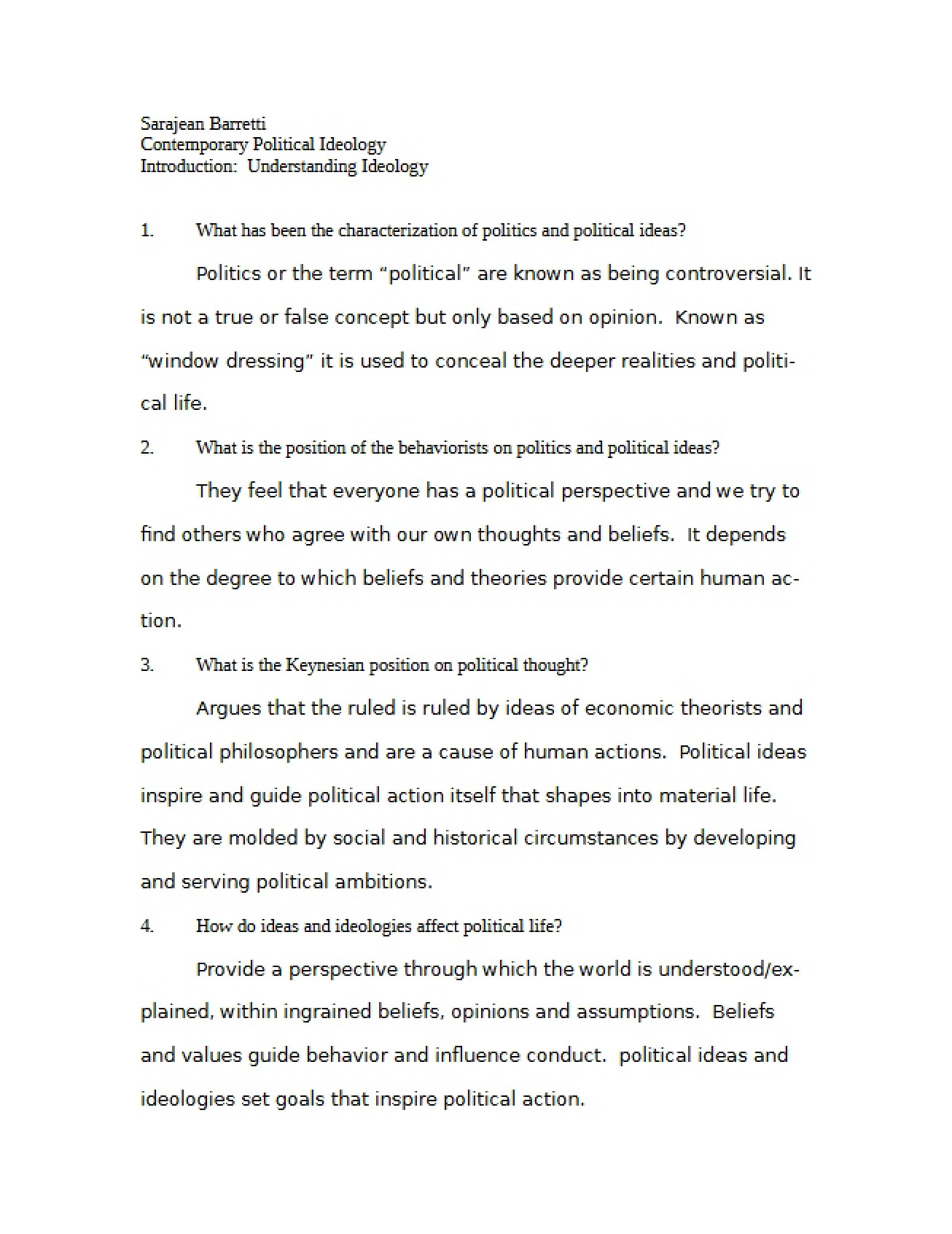 First Study Guide for Political Ideologies (Part A)