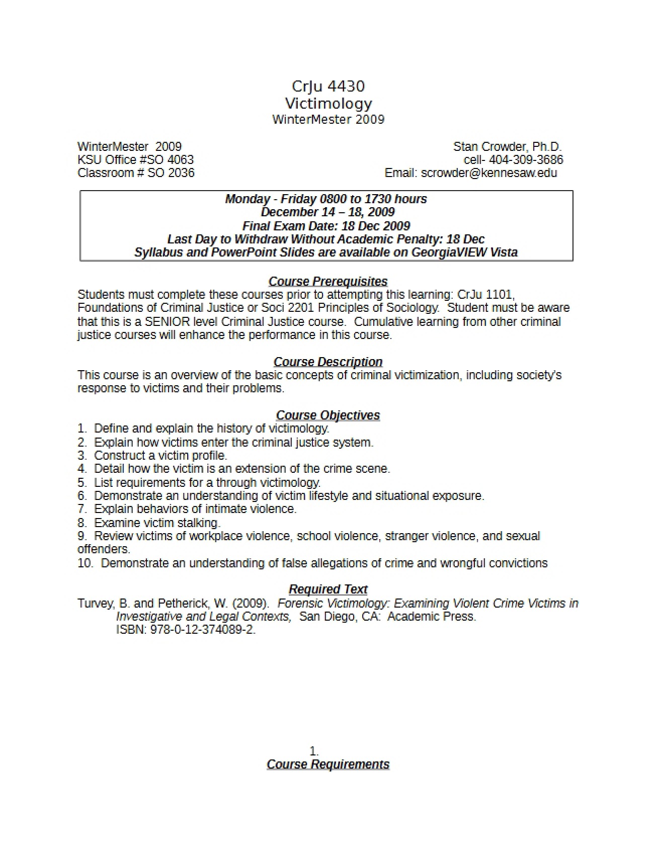 Course Syllabus for a Victimology Class
