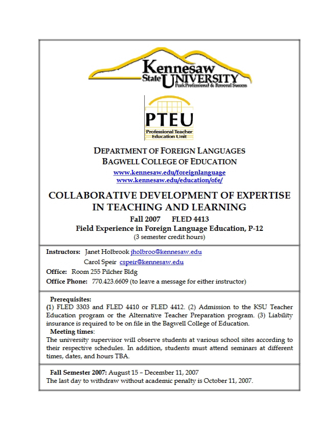 P-12 Foreign Language Field Experience Syllabus