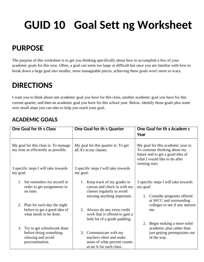Worksheet for Goal Setting