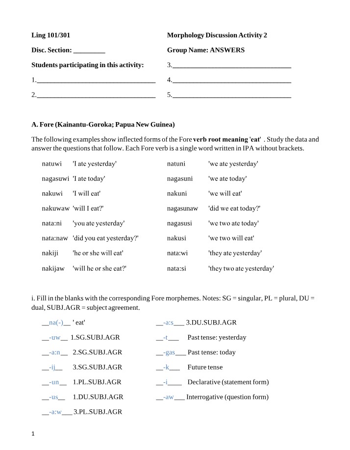 Answer Key for Morphology Discussion 3 and 4