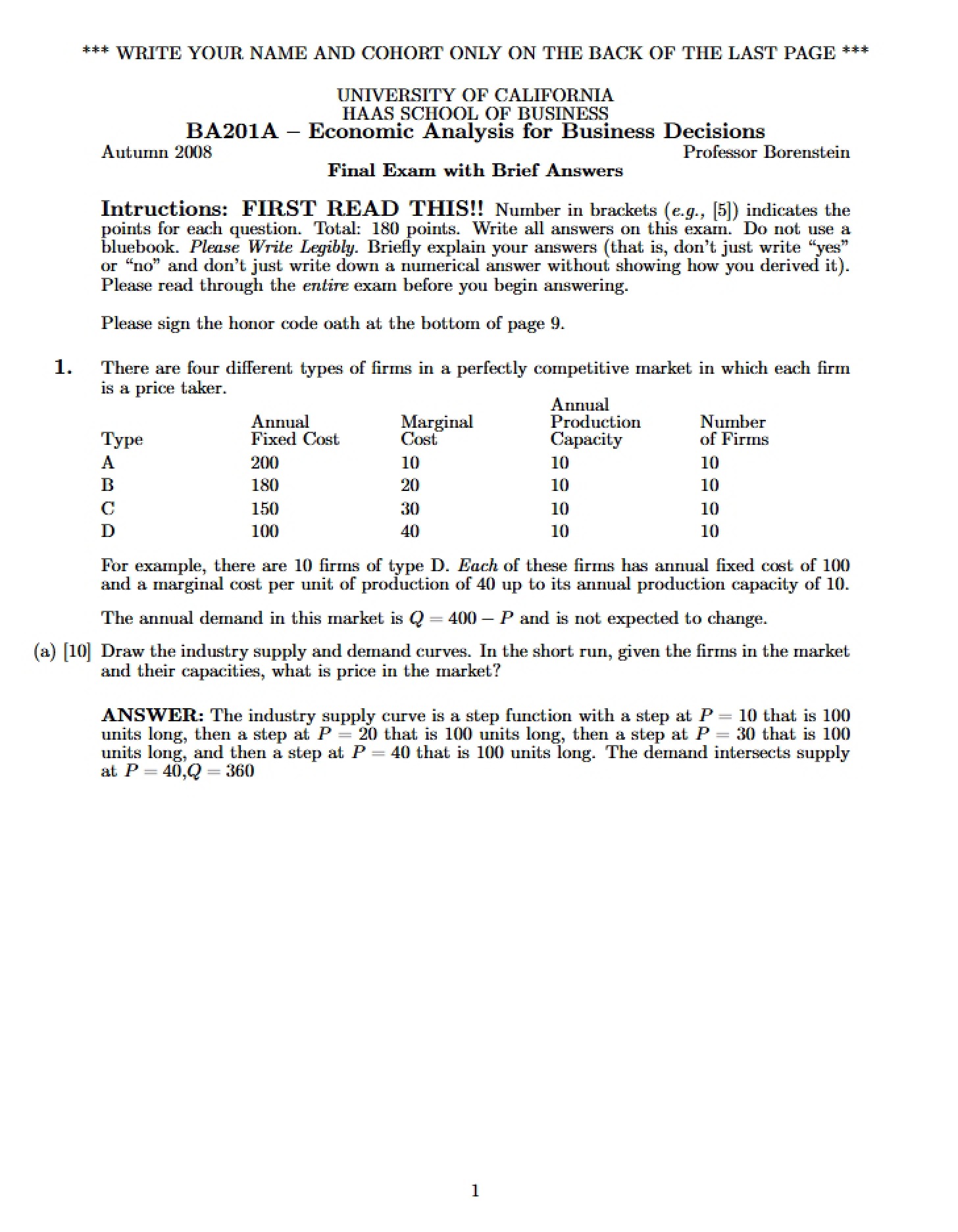 Brief Answers and Final Exam