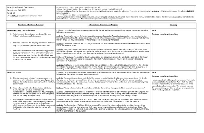 Analysis and Evidence for the Revolutionary War Assignment