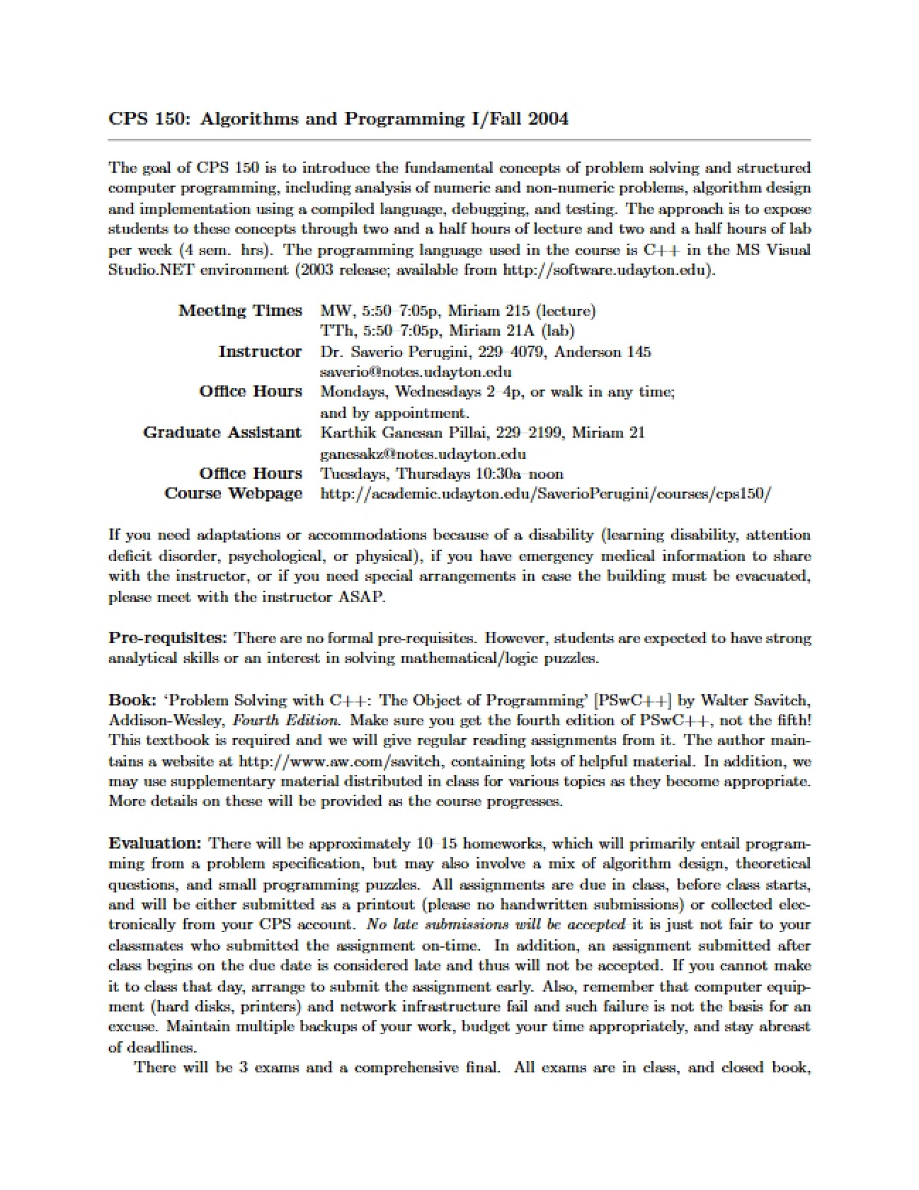 Algorithms and Programming Fall 2004 Guide
