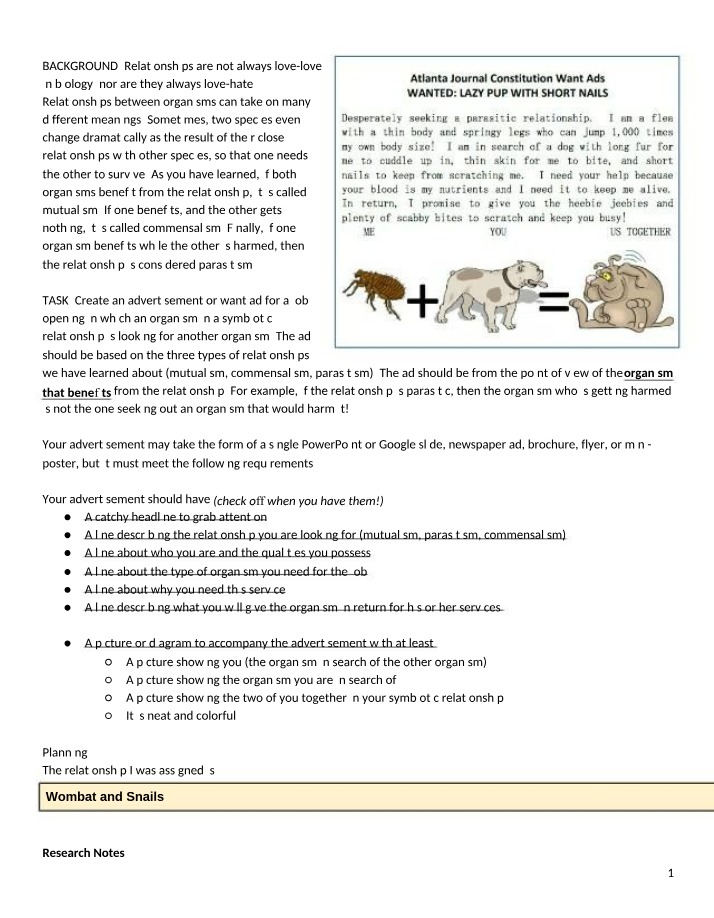 Wombat and Snails Symbiotic Relationships Assignment