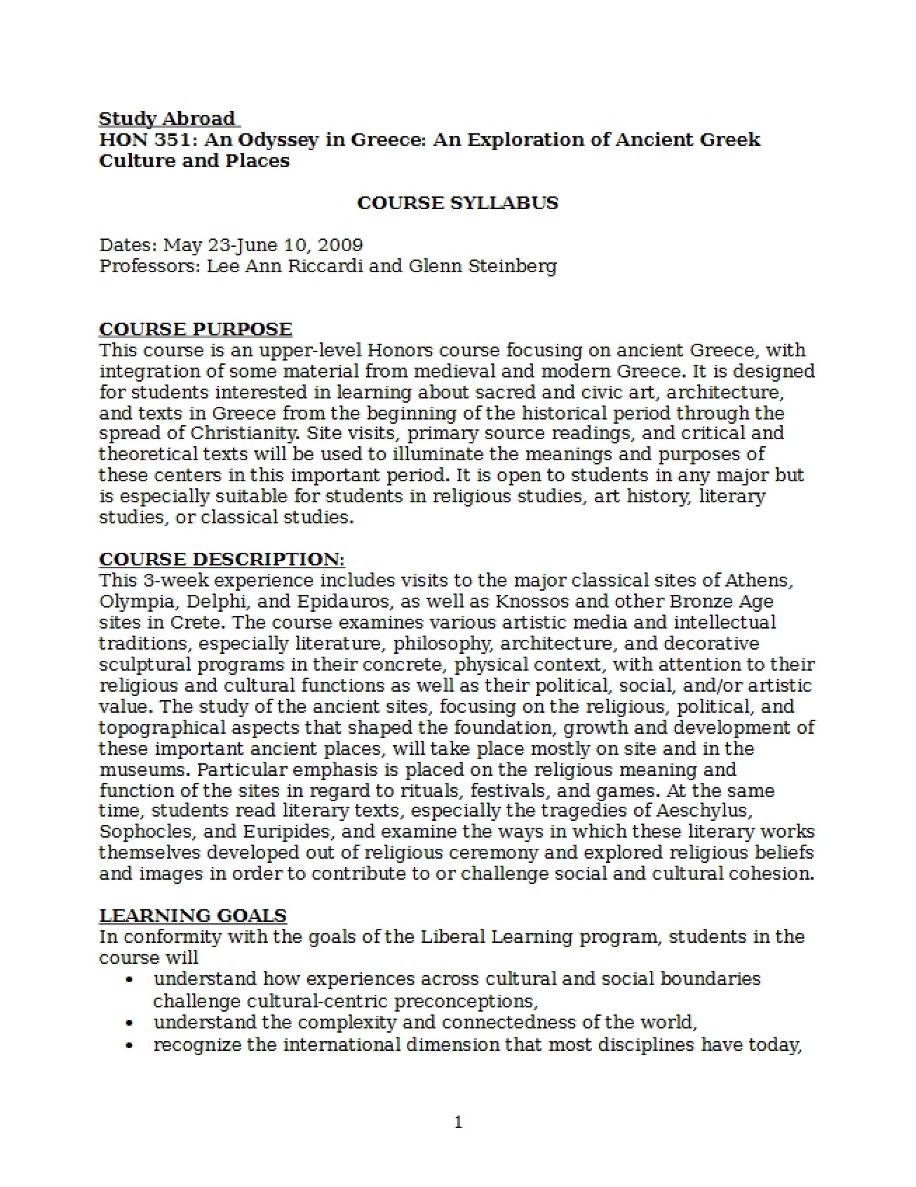 HON 351 Syllabus - An Odyssey In Greece- An Exploration Of Ancient Greek Culture And Places